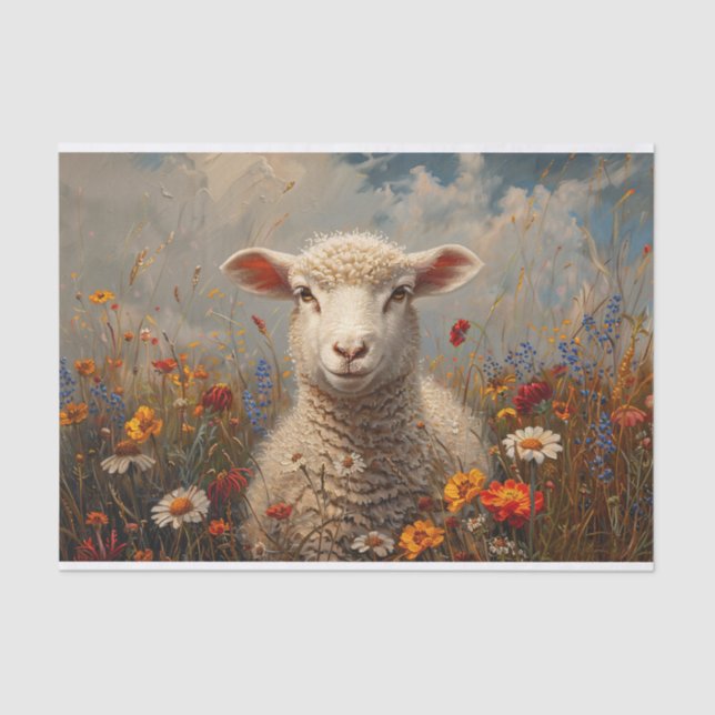 Sweet Sheep and Wildflowers Painting Decoupage Tissue Paper (Front)