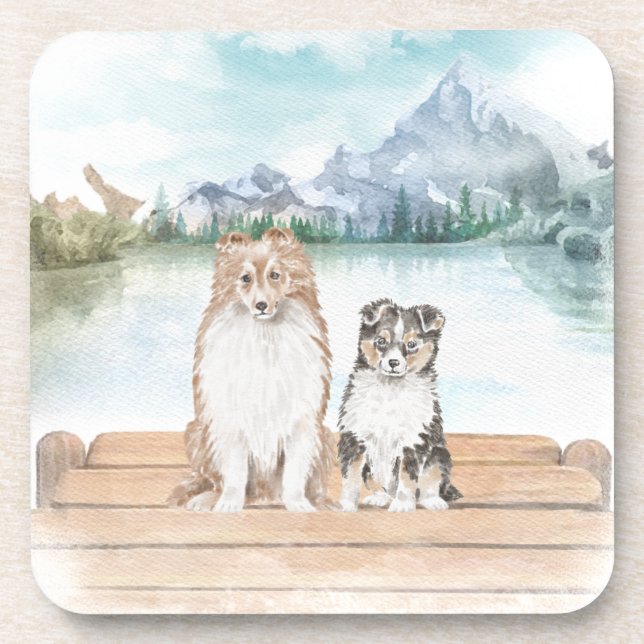 Sweet Sheltie Puppies on dock - set of 6 Coaster (Front)