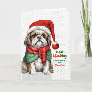 Sweet Shih Tzu Dog Funny Fleas Navidog with Name Holiday Card