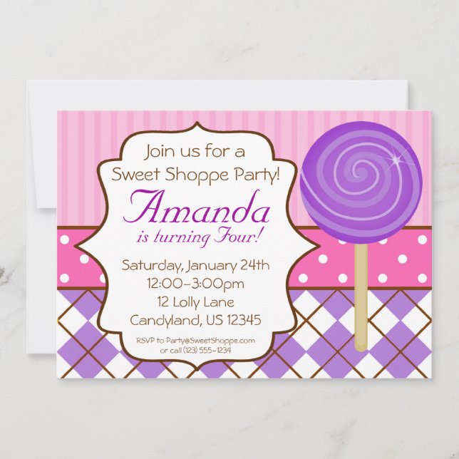 Sweet Shoppe Lollipop Birthday Party Invitation (Front)