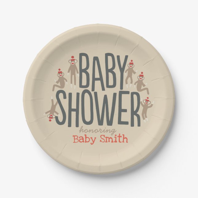 Sweet & Silly Sock Monkey Baby Shower Paper Plate (Front)