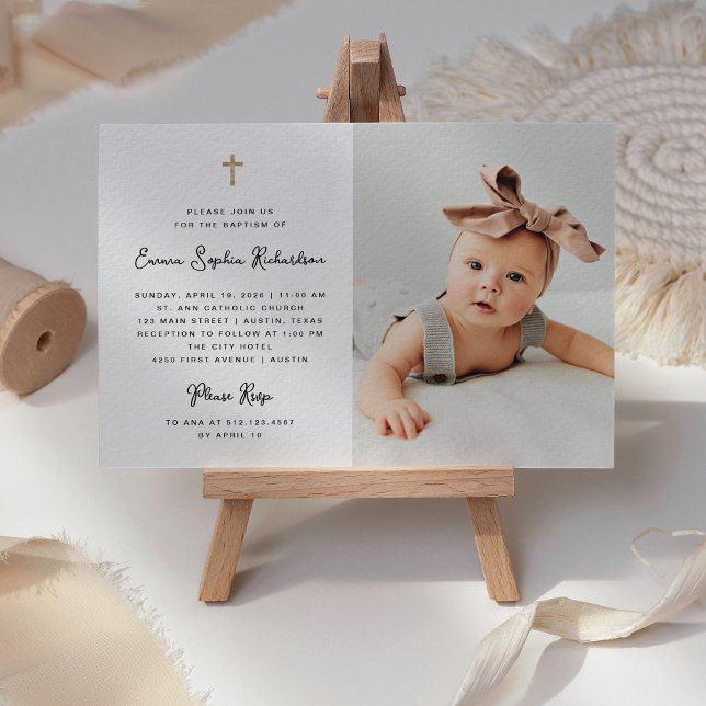 Sweet Simple | Black and White and Photo Baptism Invitation (A sweet and whimsical Baptism invitation with photo and faux gold cross)