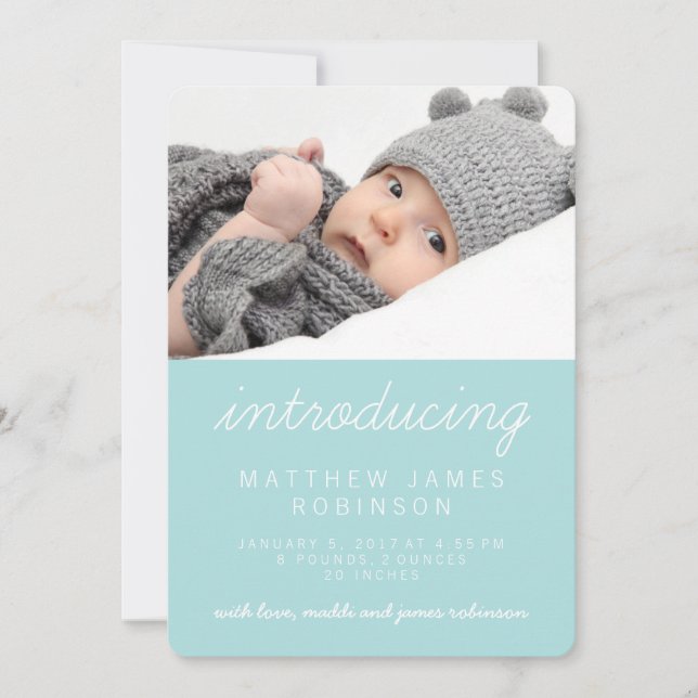Sweet Simple Blue Modern Photo Birth Announcement (Front)