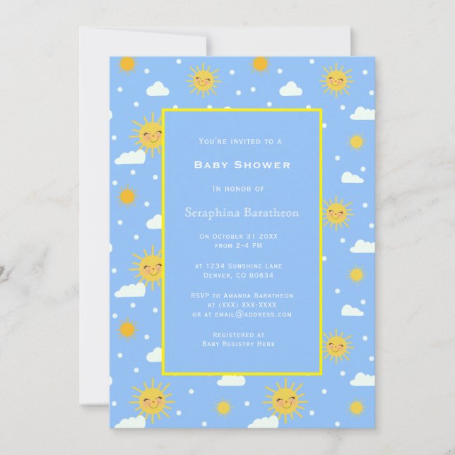 Sweet Simple Blue Yellow Sunshine Baby Shower Invitation (Front)