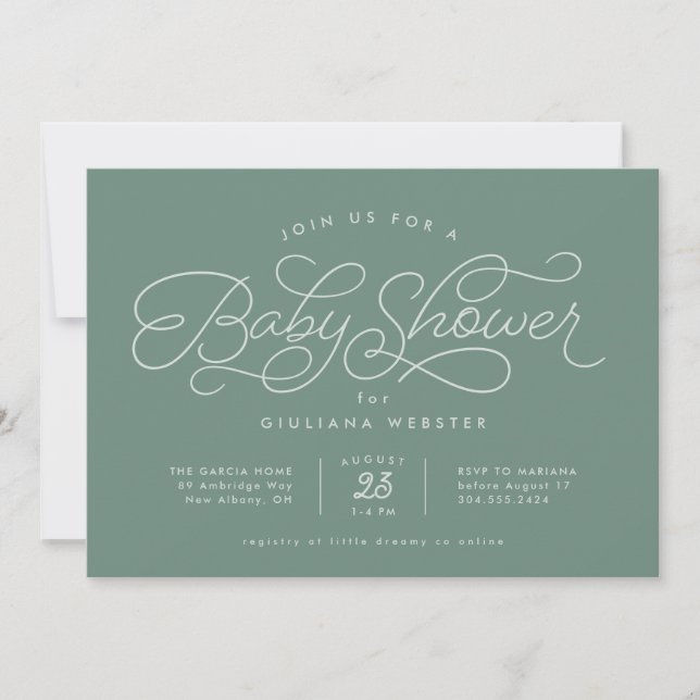 Sweet simple cute sage green baby shower invitation (Front)