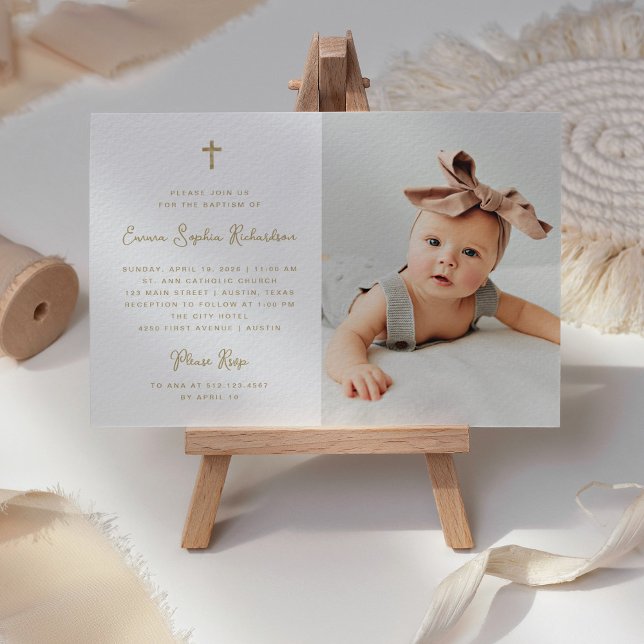 Sweet Simple | Faux Gold with Photo Baptism Invitation (A sweet and whimsical Baptism invitation with photo and faux gold cross)