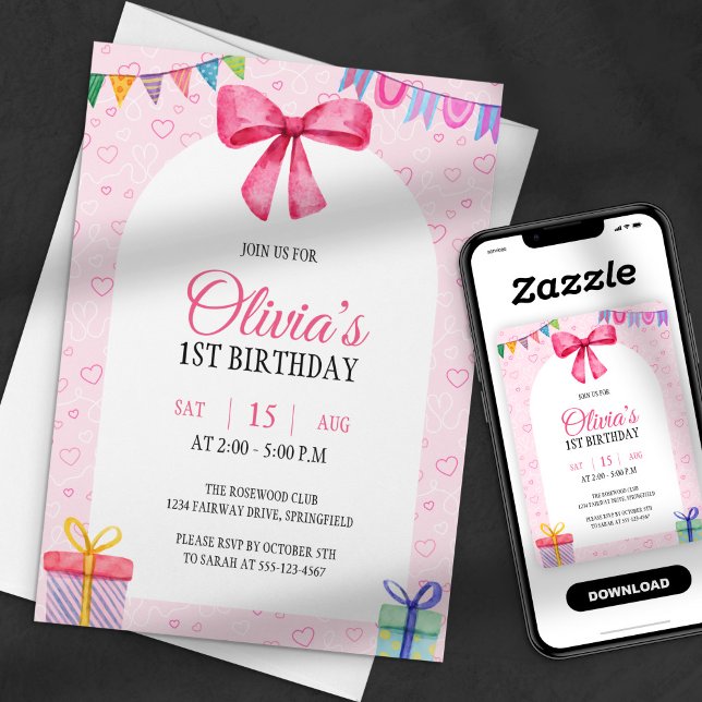 Sweet Simple Pink Watercolor Bow First Birthday Invitation (Creator Uploaded)