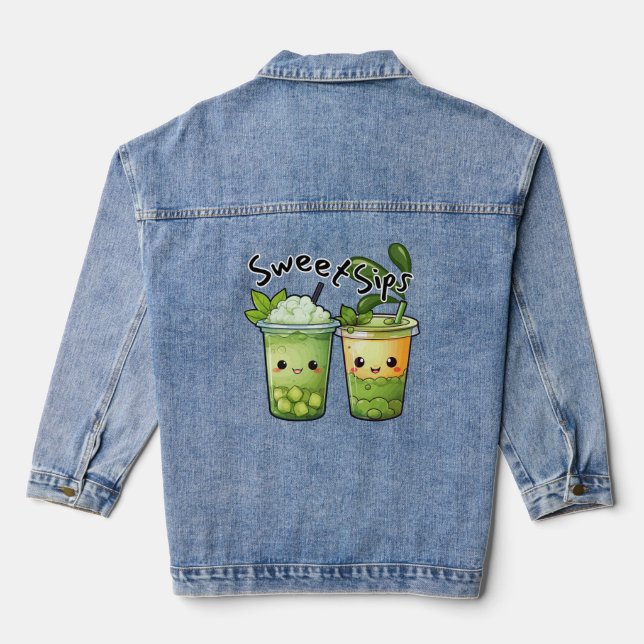 Sweet Sips Kawaii Bubble Tea Duo Denim Jacket (Back)