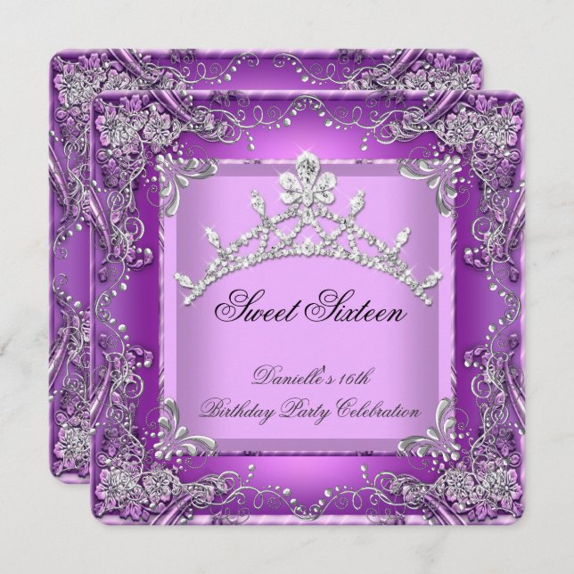 Sweet Sixteen 16 16th Birthday Party Purple Invitation (Front/Back)