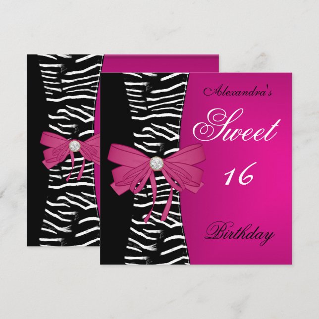 Sweet Sixteen 16 16th Bright Pink Zebra Black Bow Invitation (Front/Back)