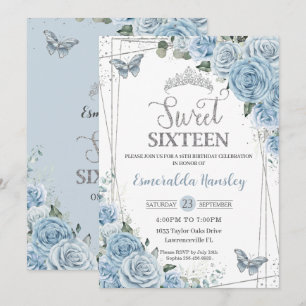 Sweet Sixteen 16 Baby Blue Floral Butterflies 16th Invitation