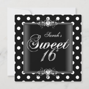 Sweet Sixteen 16 Birthday Black White Spots Invitation