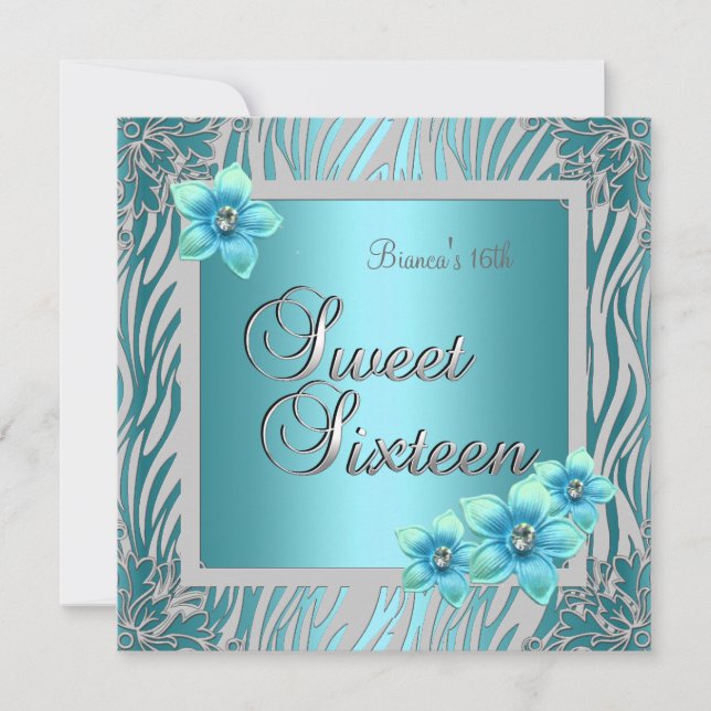 Sweet Sixteen 16 Birthday Blue Flower blue Silver Invitation (Front)