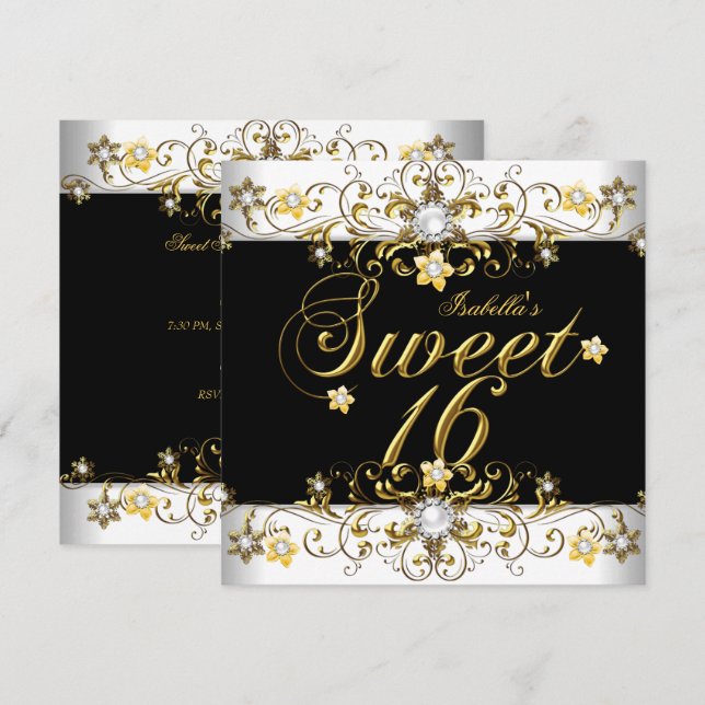 Sweet Sixteen 16 Birthday Gold Black Diamond Invitation (Front/Back)