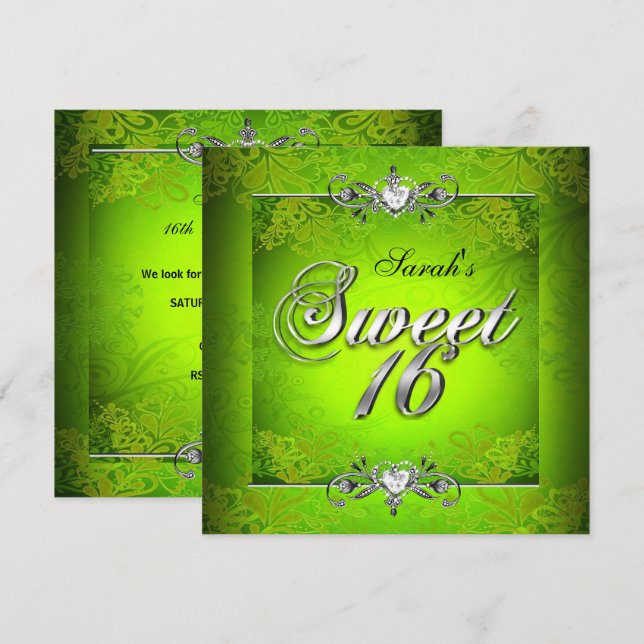 Sweet Sixteen 16 Birthday Lime Green Silver Invitation (Front/Back)
