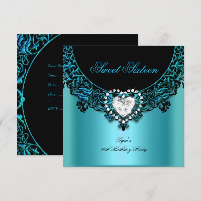 Sweet Sixteen 16 Birthday Party Aqua Blue Teal Invitation (Front/Back)
