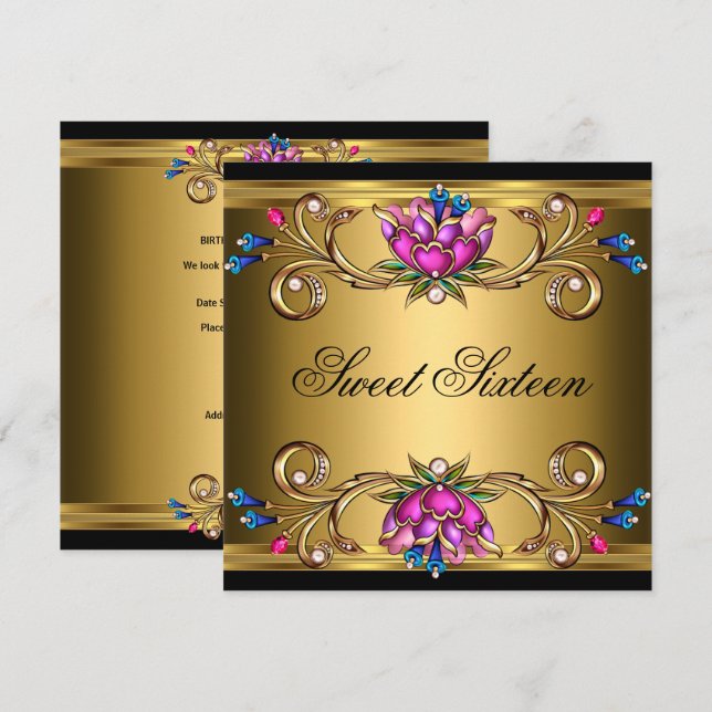 Sweet Sixteen 16 Birthday Party Black Gold Pink Invitation (Front/Back)