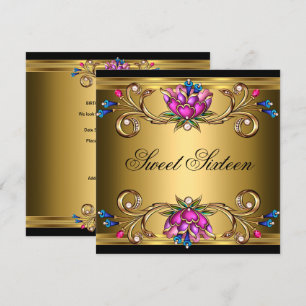 Sweet Sixteen 16 Birthday Party Black Gold Pink Invitation