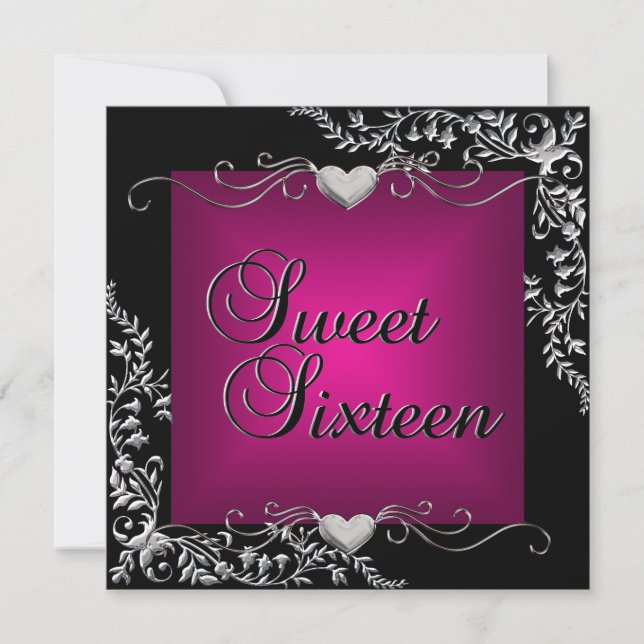 Sweet Sixteen 16 Birthday Party Black Pink Silver Invitation (Front)