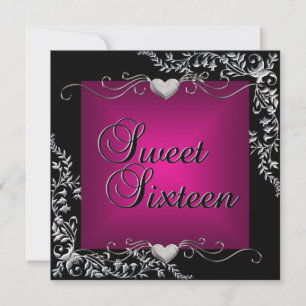Sweet Sixteen 16 Birthday Party Black Pink Silver Invitation