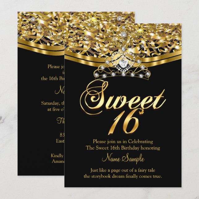 Sweet Sixteen 16 Birthday Party Glitter Gold Black Invitation (Front/Back)