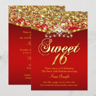 Sweet Sixteen 16 Birthday Party Glitter Red Gold Invitation