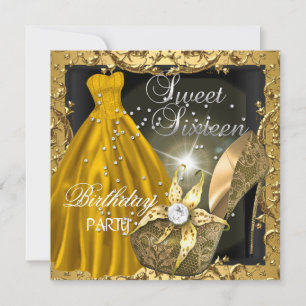Sweet Sixteen 16  Birthday Party Gold Dress Gown Invitation
