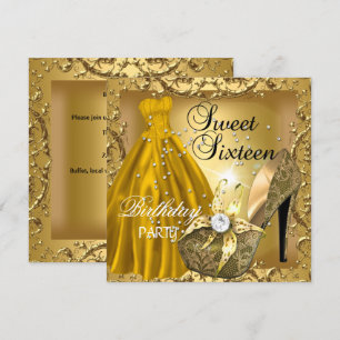 Sweet Sixteen 16  Birthday Party Gold Dress Gown Invitation