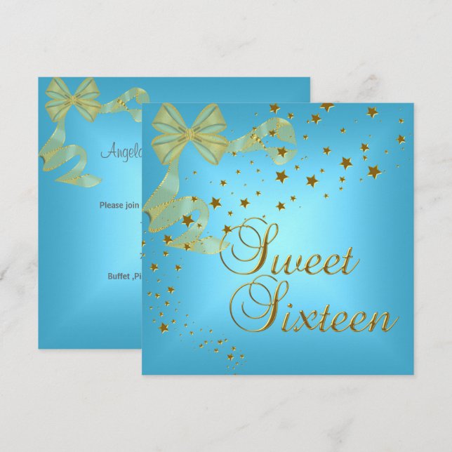 Sweet Sixteen 16 Birthday Party Gold Stars Blue Invitation (Front/Back)