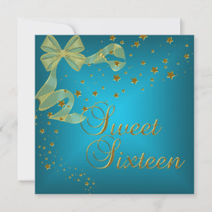 Sweet Sixteen 16 Birthday Party Gold Stars Teal Invitation