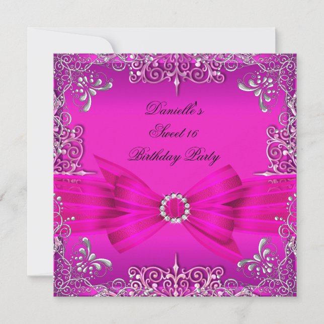 Sweet Sixteen 16 Birthday Party Hot Pink Silver Invitation (Front)