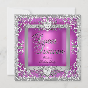 Sweet Sixteen 16 Birthday Party Hot Pink Silver Invitation