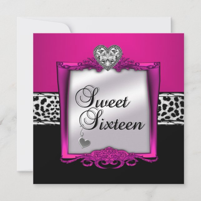 Sweet Sixteen 16 Birthday Party Leopard Pink Black Invitation (Front)