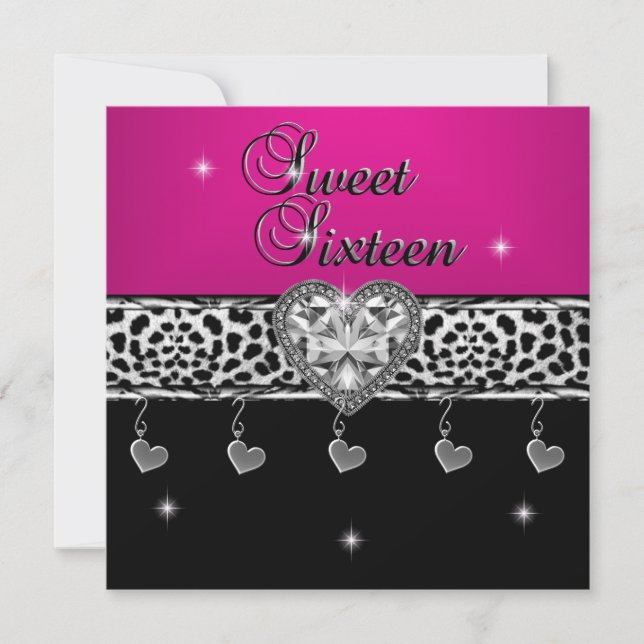 Sweet Sixteen 16 Birthday Party Leopard Pink Black Invitation (Front)