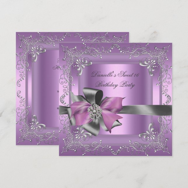 Sweet Sixteen 16 Birthday Party Lilac Pink Silver Invitation (Front/Back)
