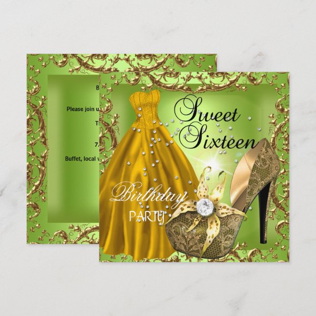 Sweet Sixteen 16  Birthday Party Lime Gold Dress Invitation (Front/Back)