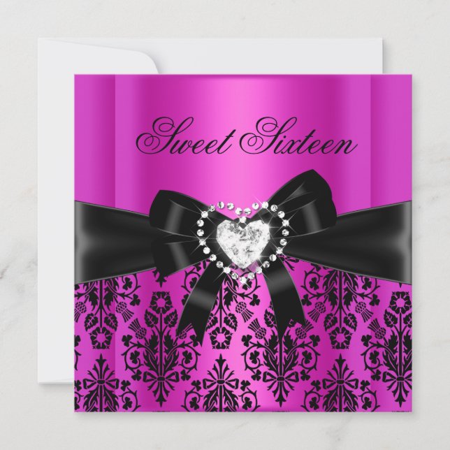 Sweet Sixteen 16 Birthday Party Pink Black Damask Invitation (Front)