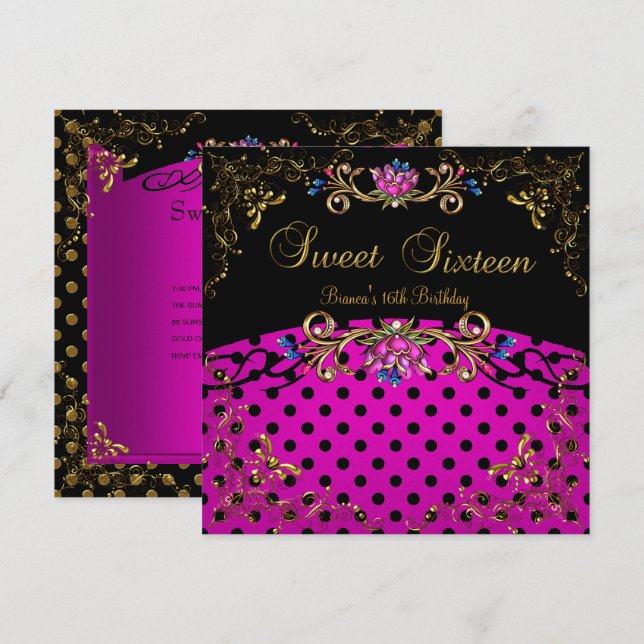 Sweet Sixteen 16 Birthday Party Pink Black Gold Invitation (Front/Back)