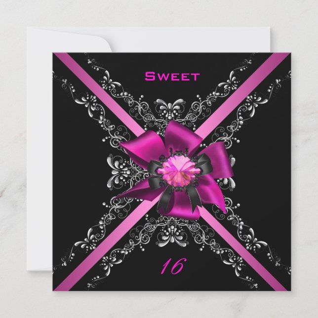 Sweet Sixteen 16 Birthday Party Pink Black Silver Invitation (Front)