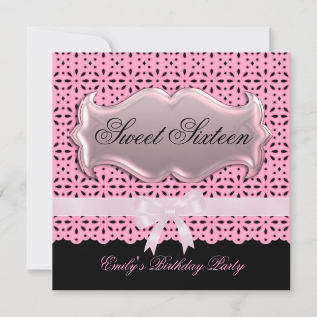 Sweet Sixteen 16 Birthday Party Pink Lace Black Invitation (Front)