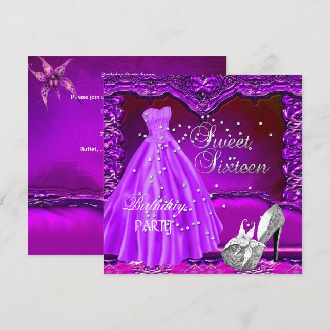 Sweet Sixteen 16  Birthday Party Purple Dress Gown Invitation (Front/Back)