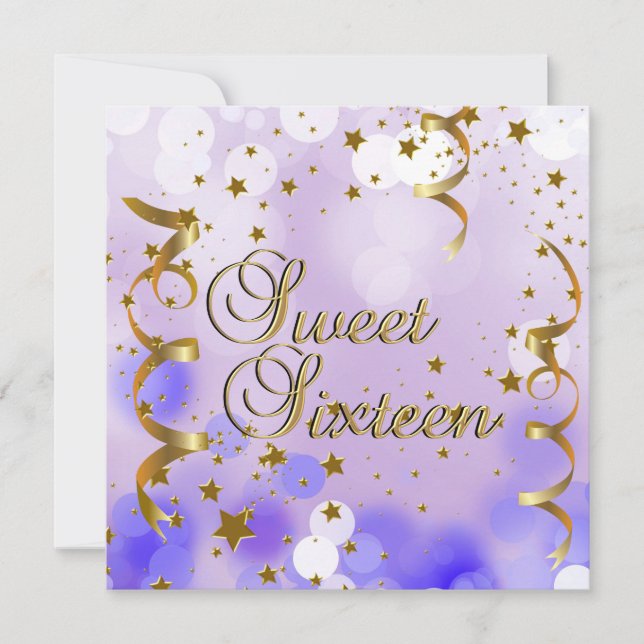 Sweet Sixteen 16 Birthday Party Purple Gold Stars Invitation (Front)