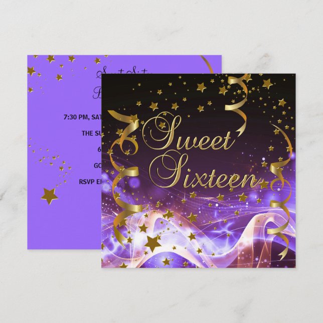 Sweet Sixteen 16 Birthday Party Purple Gold Stars Invitation (Front/Back)