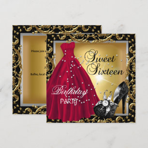 Sweet Sixteen 16 Birthday Party Red Gold Dress Invitation