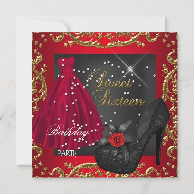 Sweet Sixteen 16  Birthday Party Red Gold Dress Invitation (Front)