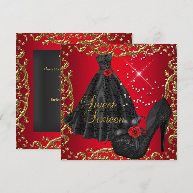 Sweet Sixteen 16  Birthday Party Red Gold Dress Invitation (Front/Back)