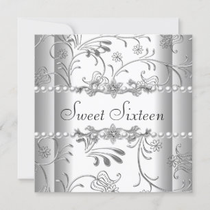 Sweet Sixteen 16 Birthday Party Silver White Pearl Invitation