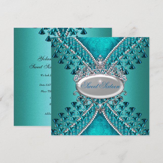 Sweet Sixteen 16 Birthday Party Teal Blue Beads Invitation (Front/Back)