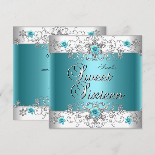 Sweet Sixteen 16 Birthday Party Teal Blue Diamond Invitation (Front/Back)