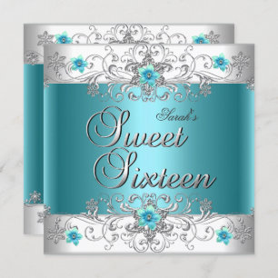 Sweet Sixteen 16 Birthday Party Teal Blue Diamond Invitation
